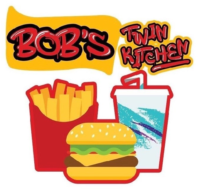 Bob's Twin Kitchen logo: BOB'S in red graffiti letters on an amber swash, Twin Kitchen in marker, with fries, a burger and a cup